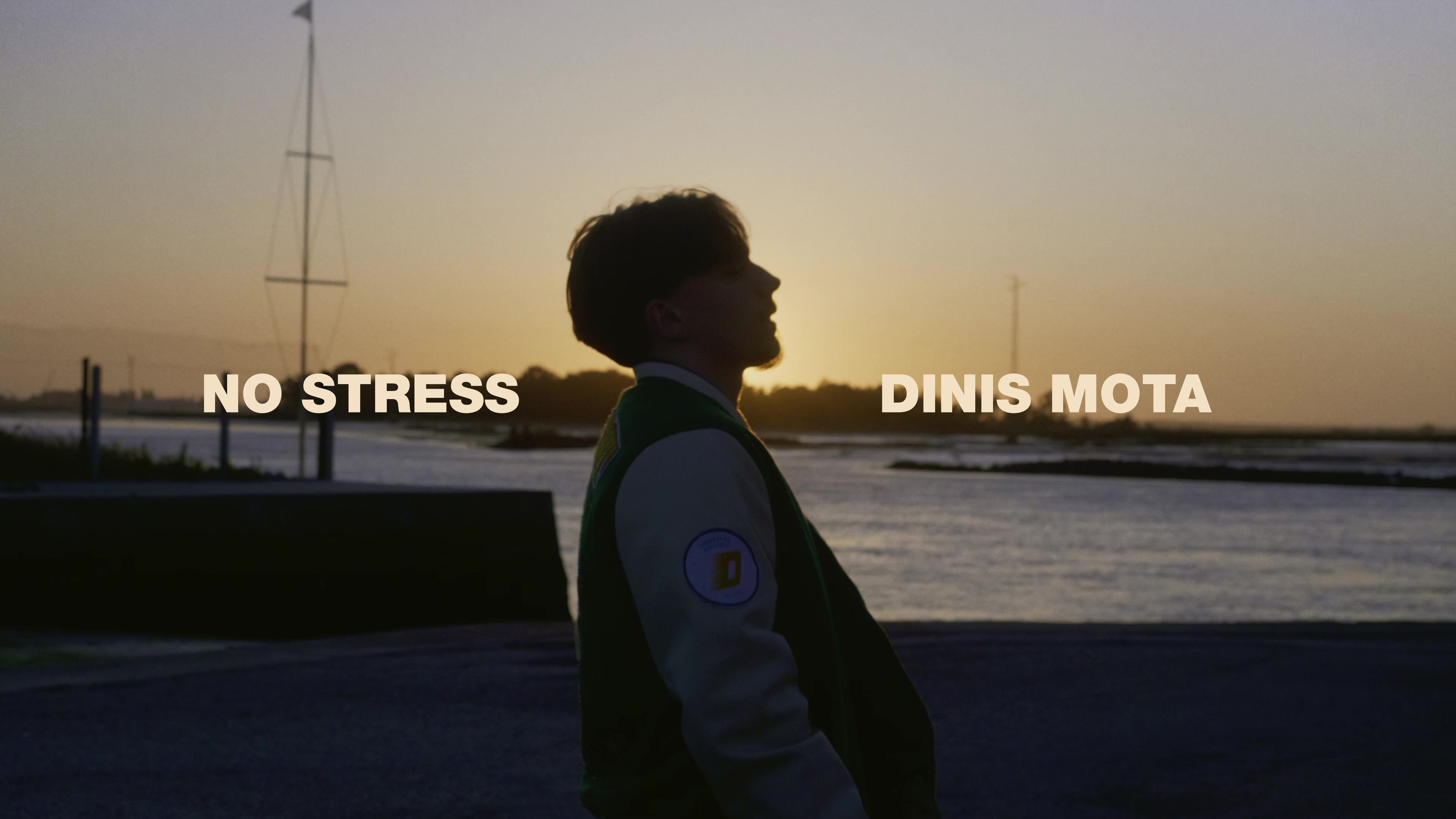 Dinis Mota encontra-se numa plataforma com vista para a ria que passa ao fundo. É pouco depois do pôr-do-sol. Dinis encontra-se virado para a nossa direita. A frase "No Stress" aparece atrás de si e "Dinis Mota" à sua frente, tudo na mesma linha.